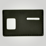 Black leather cardholder with cutouts on a gray background