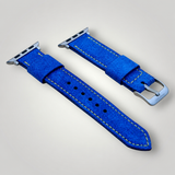STEVEOSTRAPS British suede watch strap in blue with dandelion stitch detail, 20mm