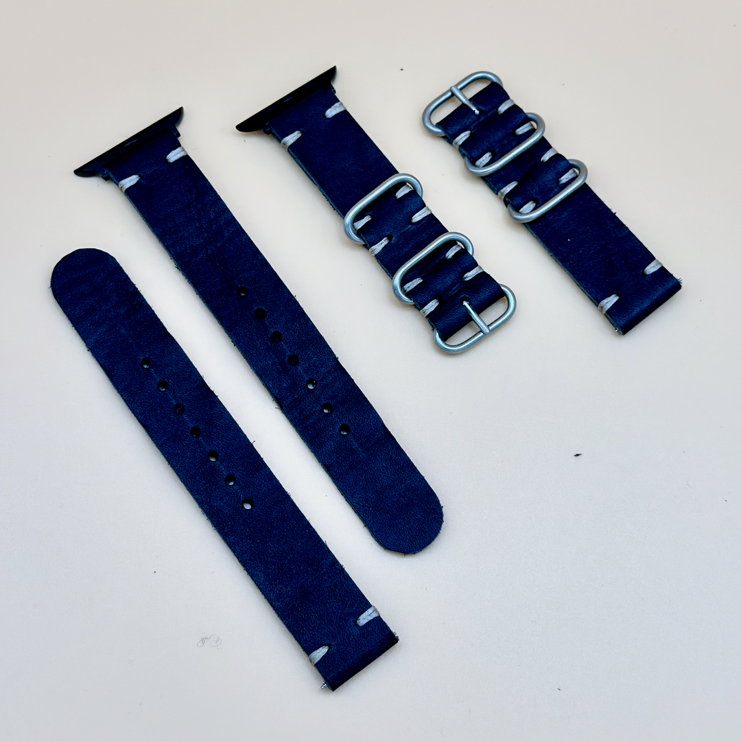 STEVEOSTRAPS 2 Piece Nato Style Leather Strap - Dark Blue