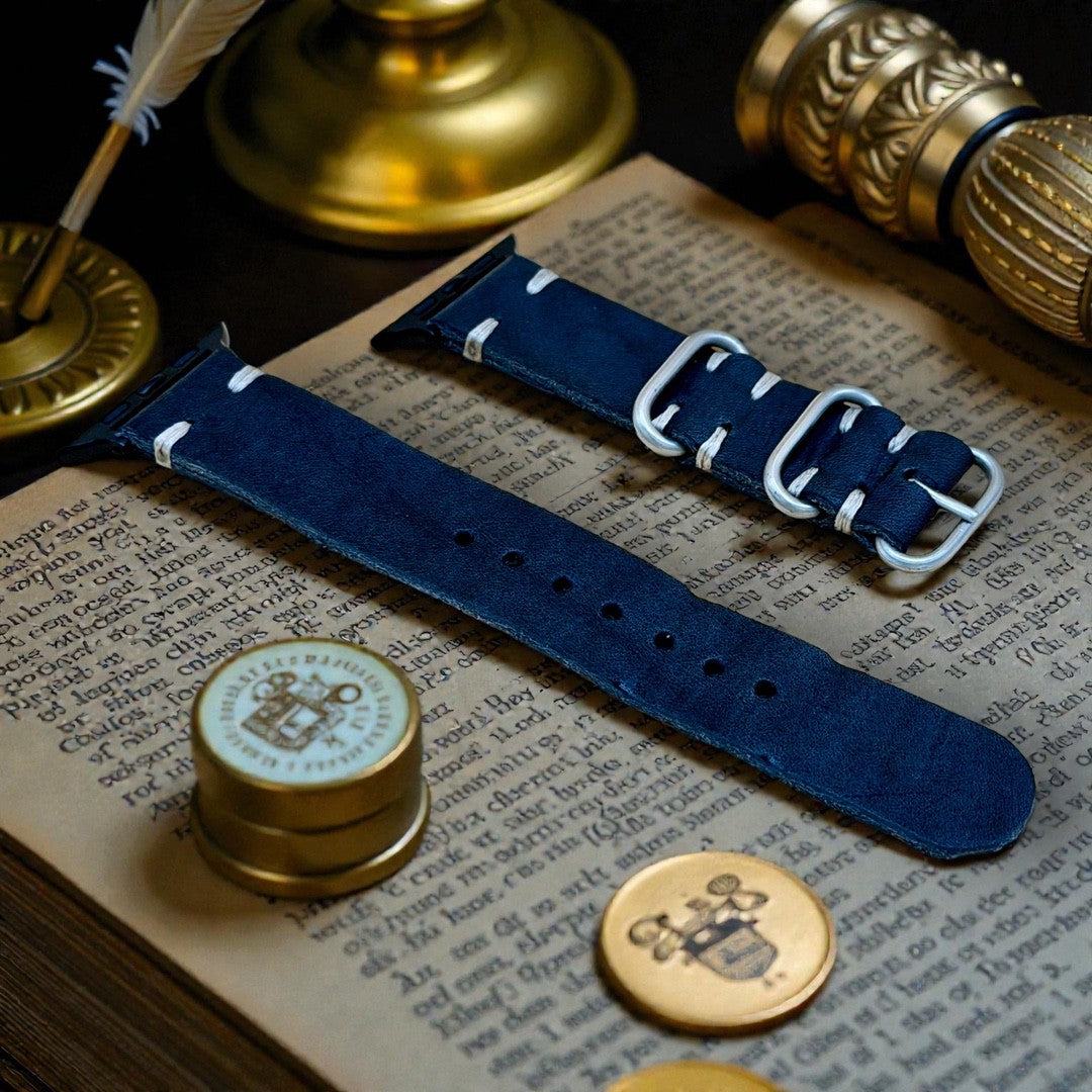 STEVEOSTRAPS 2 Piece Nato Style Leather Strap - Dark Blue