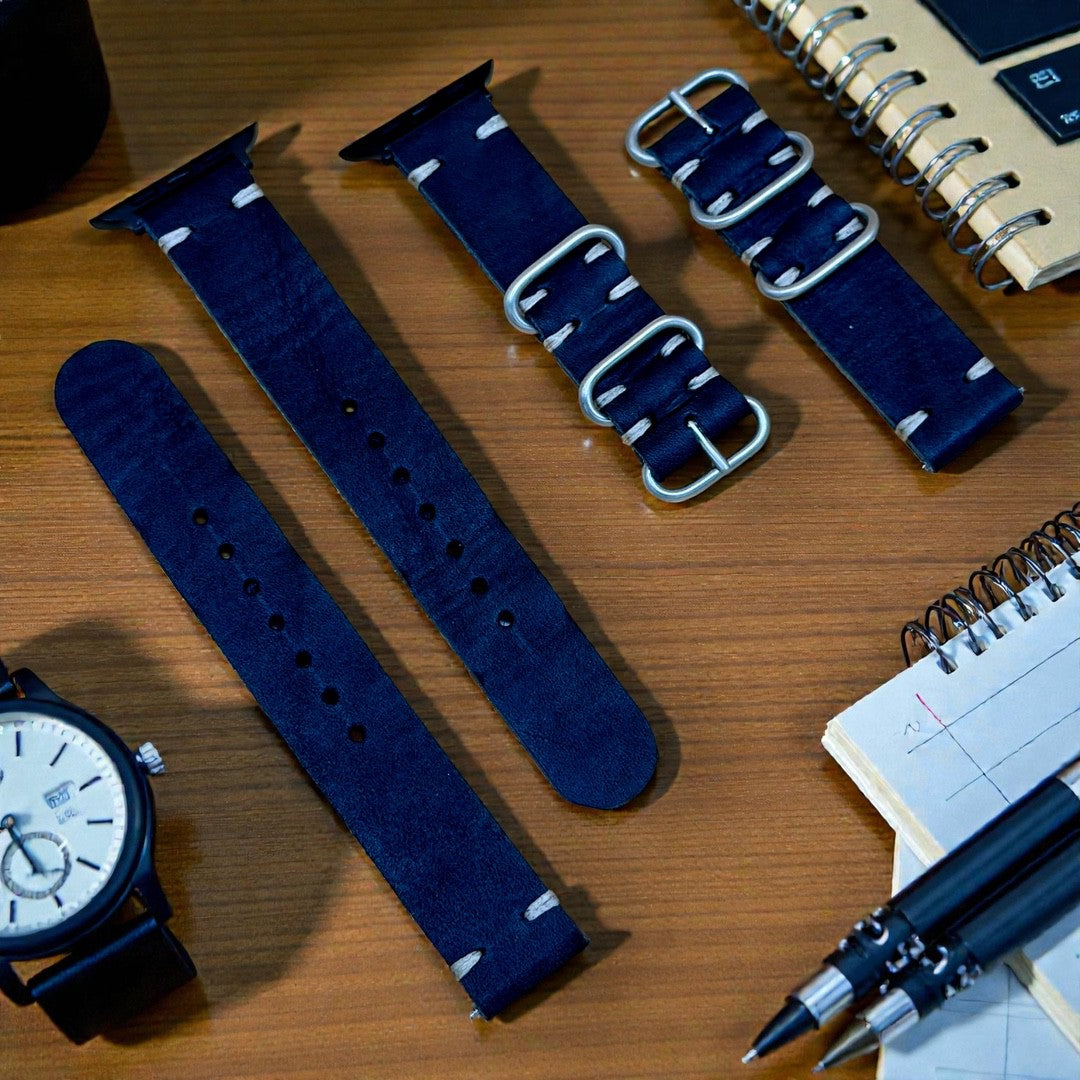 STEVEOSTRAPS 2 Piece Nato Style Leather Strap - Dark Blue