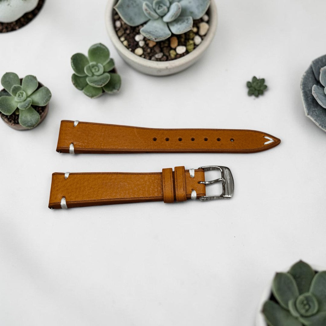 TagSthx coral Minerva Box calf leather watch strap with distinctive white V-stitch and polished steel buckle
