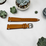 TagSthx coral Minerva Box calf leather watch strap with distinctive white V-stitch and polished steel buckle