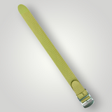Beige woven strap with a metal buckle on a light gray background