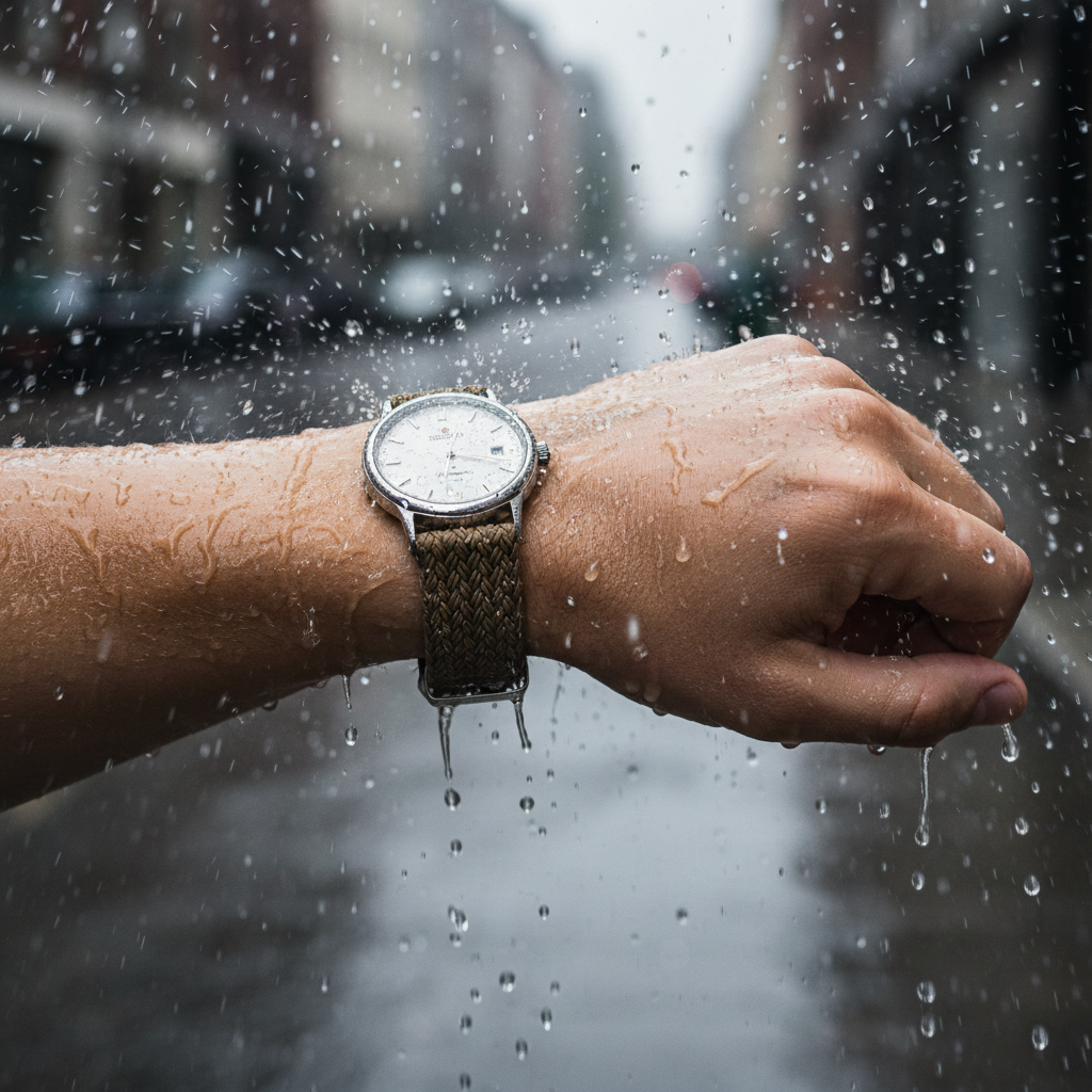 Hand wearing a watch with raindrops on a blurred background