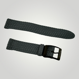 Black braided watch strap with a buckle on a light gray background