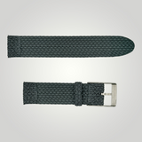 Dark green woven watch strap with silver buckle on a light gray background