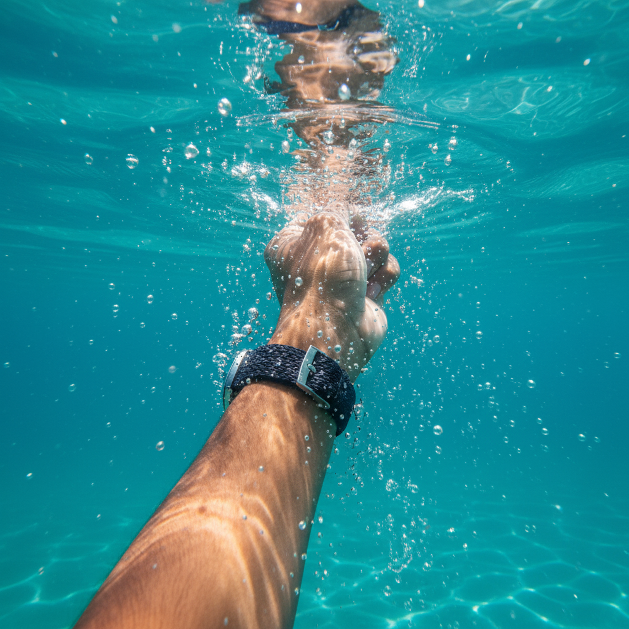 Hand with a watch underwater in clear blue water