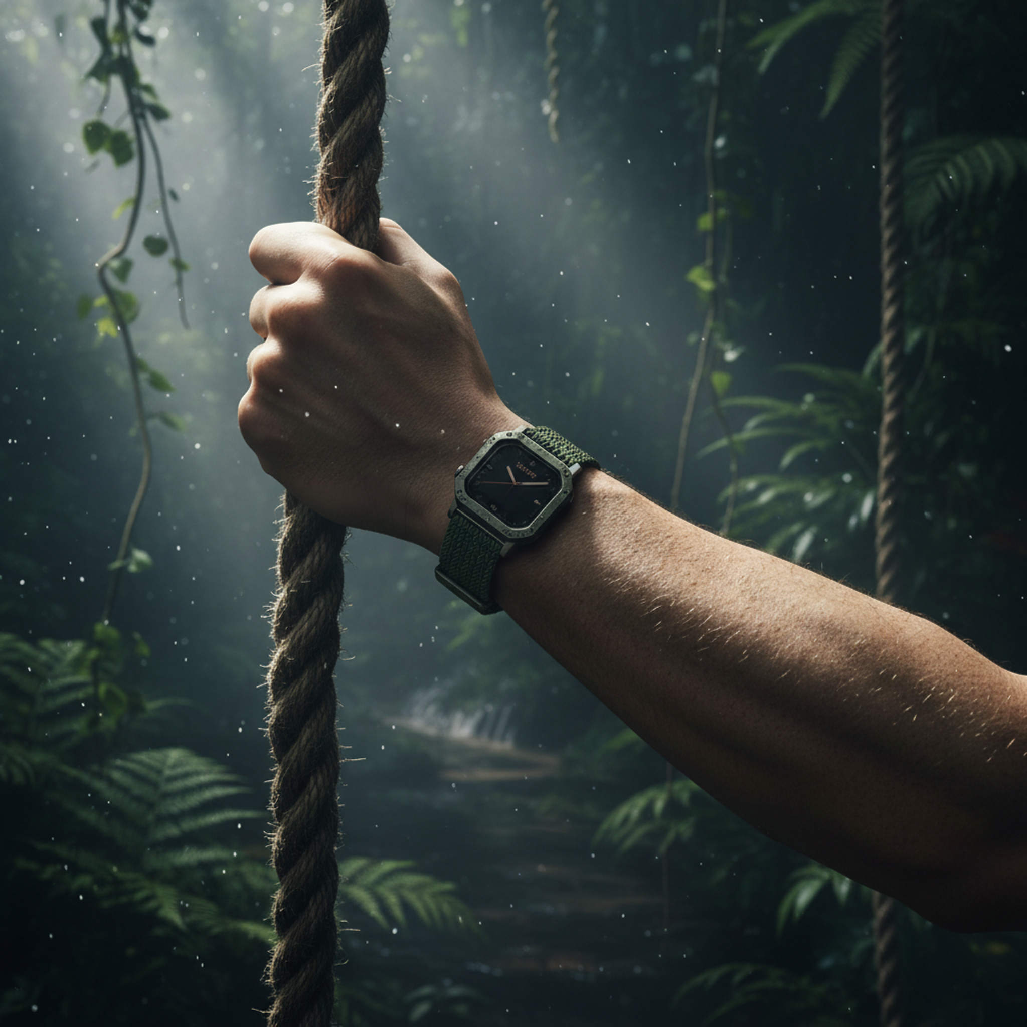 Hand holding a rope with a forest background