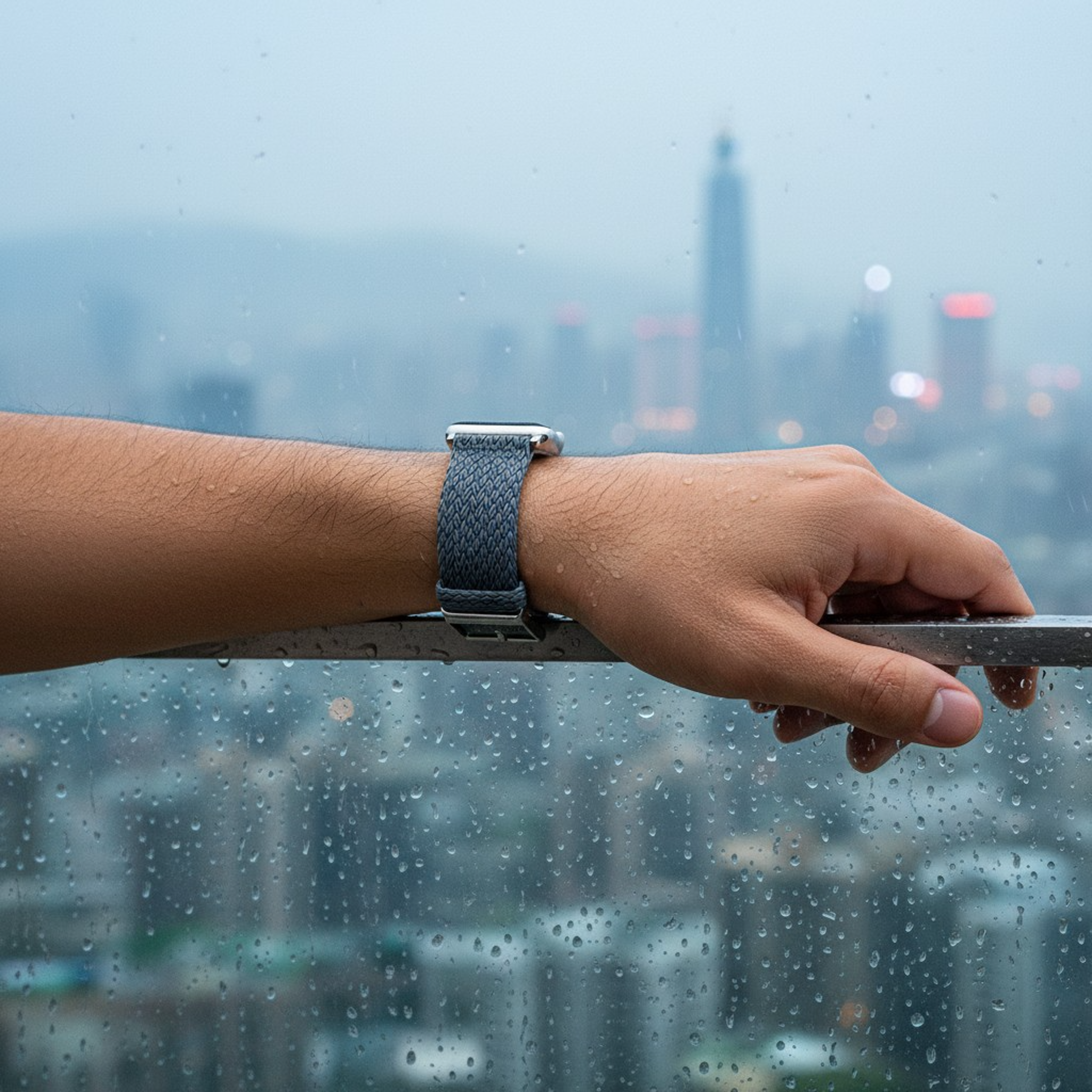 Hand holding a rain-soaked window with a cityscape in the background