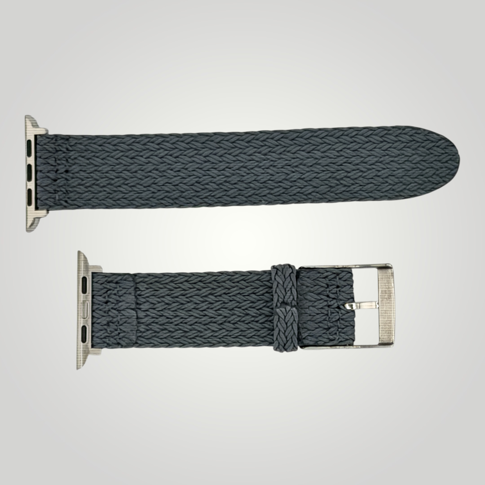 Two gray woven watch straps with metal buckles on a light gray background