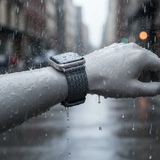 Hand wearing a smartwatch with a black strap in a rainy urban setting