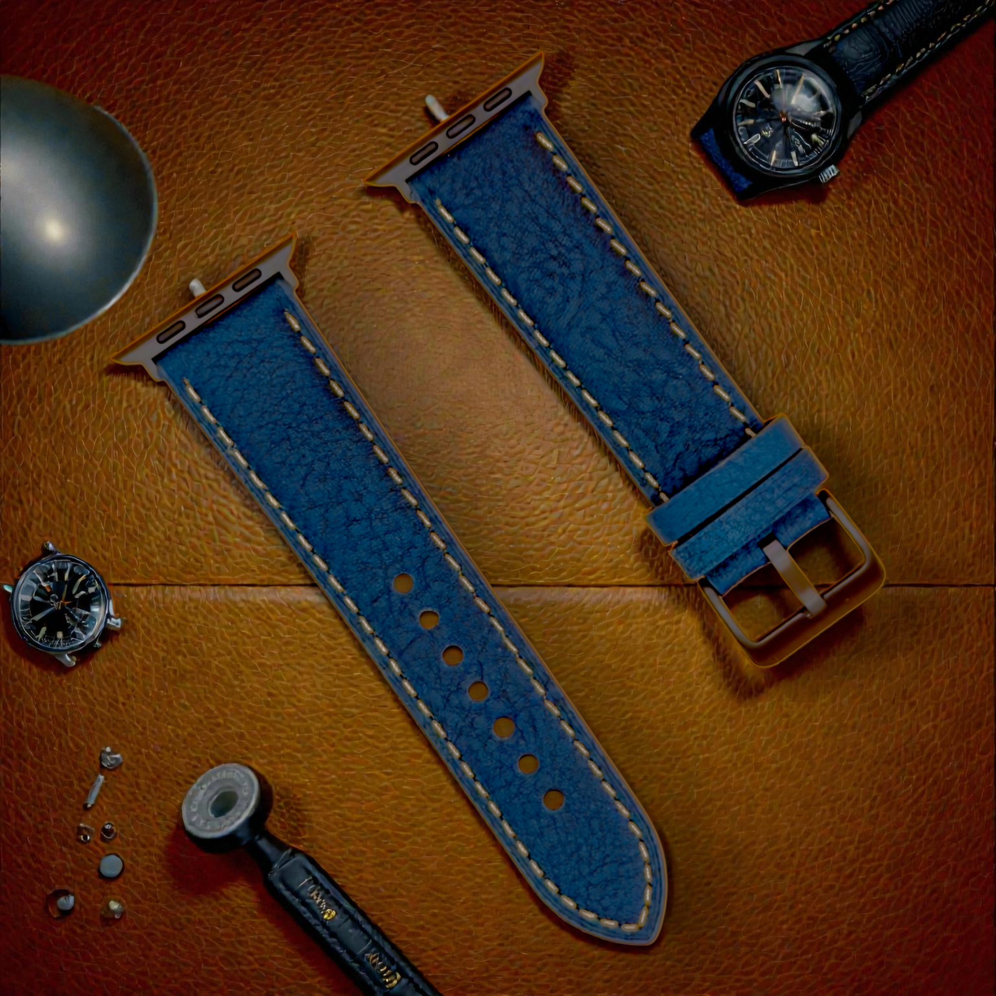 Watchandstrapco | The Rome - Prussian Blue Italian Full Grain Leather Apple Watch Strap