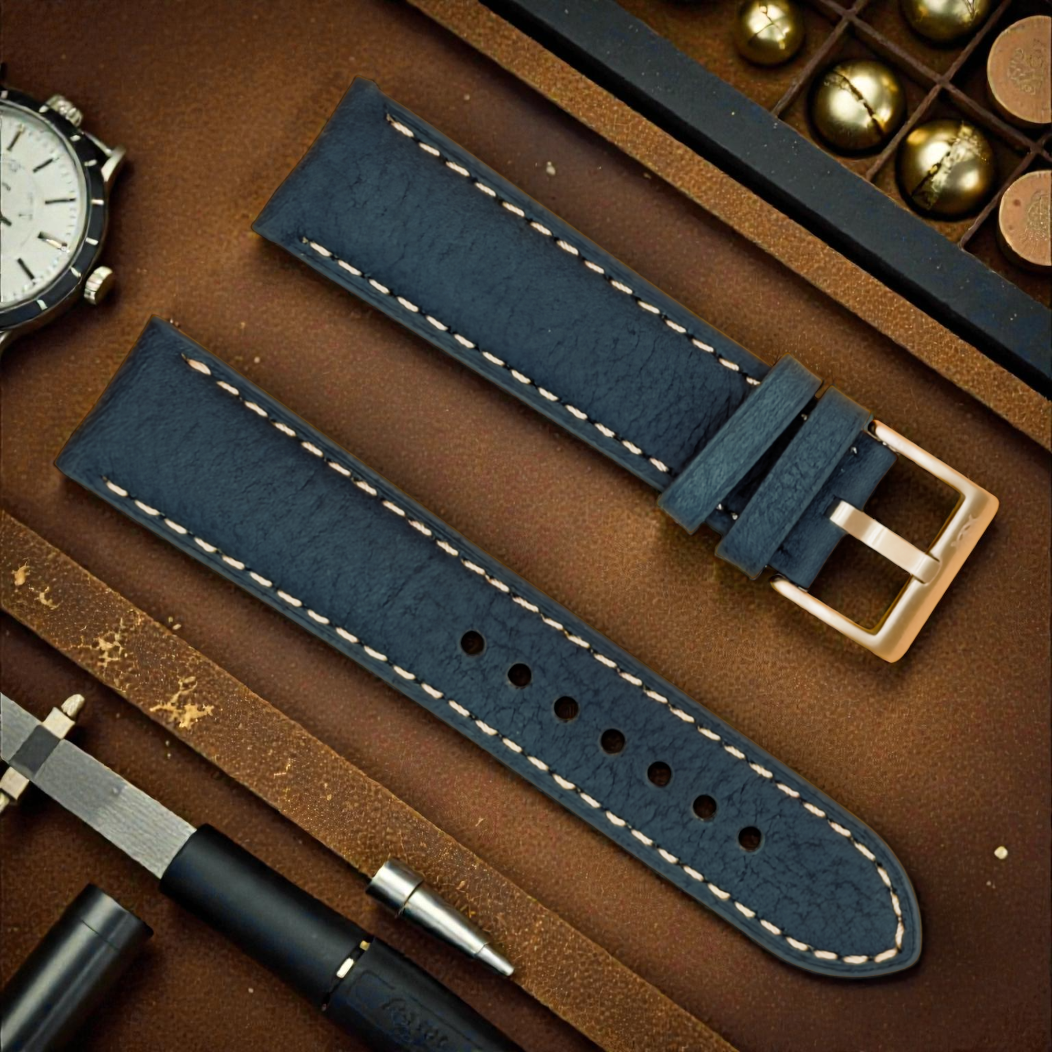 Watchandstrapco｜The Rome ローマ｜イタリアンフルグレインレザーウォッチストラップ｜プルシアンブルー