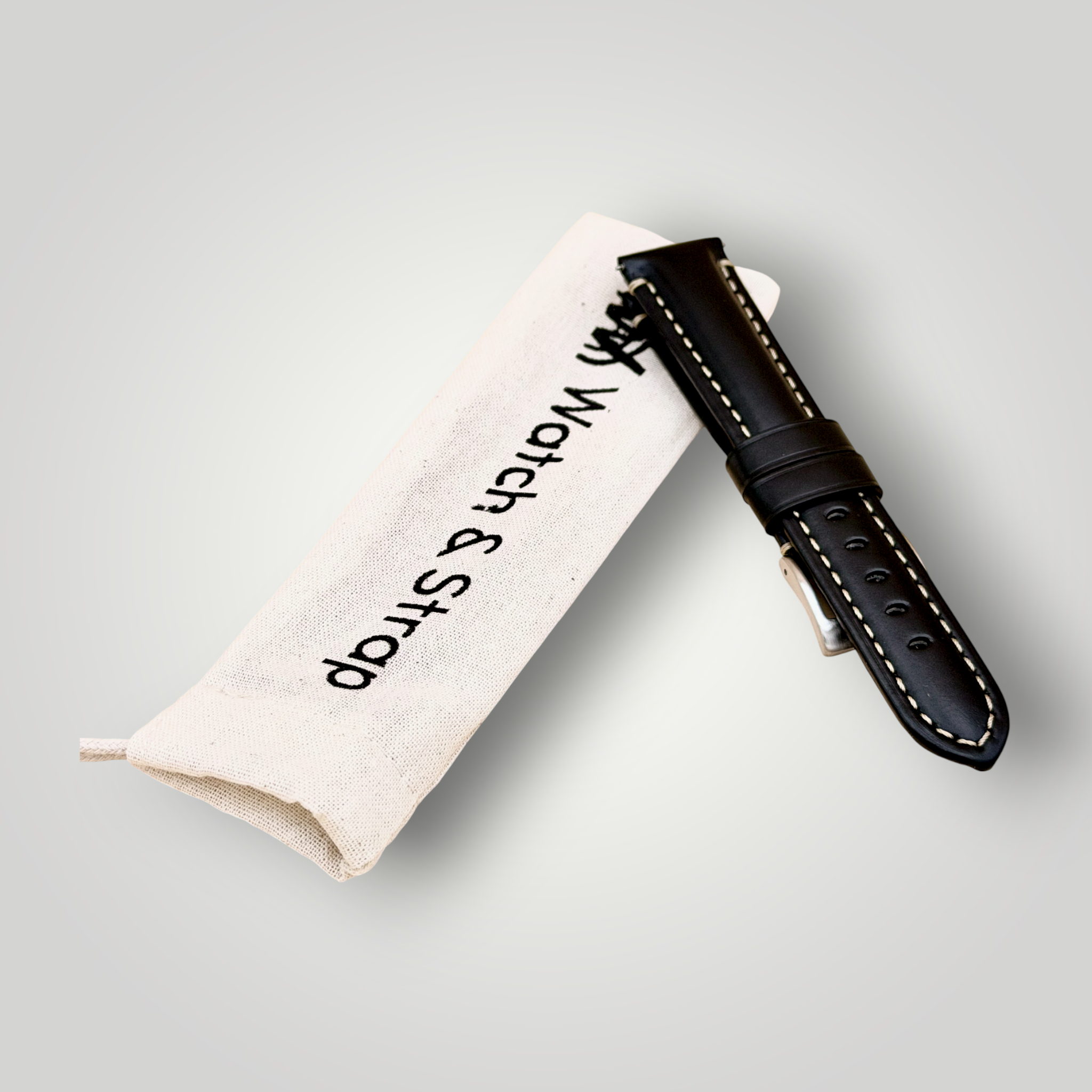 Watchandstrapco | Oslo Jet Black Full Grain Leather Watch Strap - Black with White Stitching