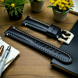 Watchandstrapco | Oslo Jet Black Full Grain Leather Watch Strap - Black with White Stitching
