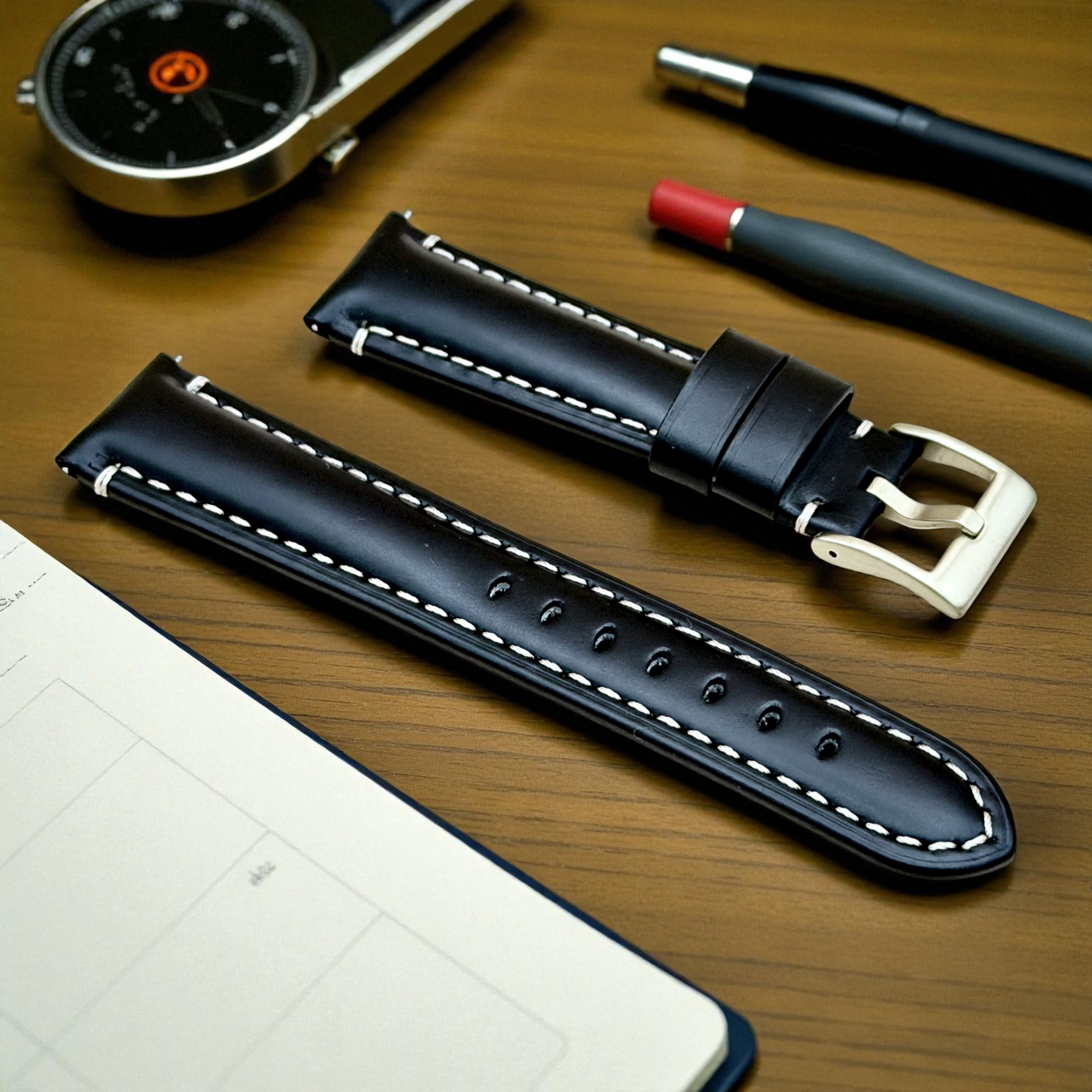 Watchandstrapco | Oslo Jet Black Full Grain Leather Watch Strap - Black with White Stitching