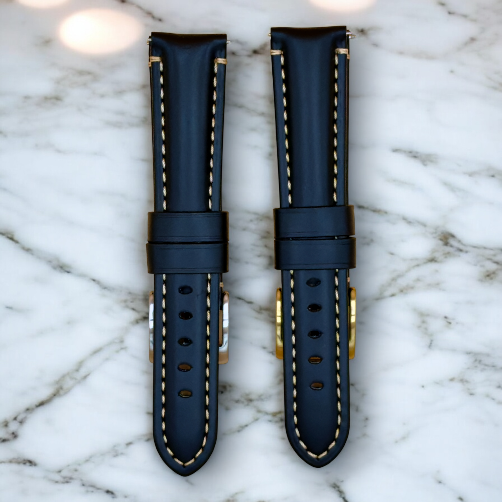 Watchandstrapco | Oslo Jet Black Full Grain Leather Watch Strap - Black with White Stitching