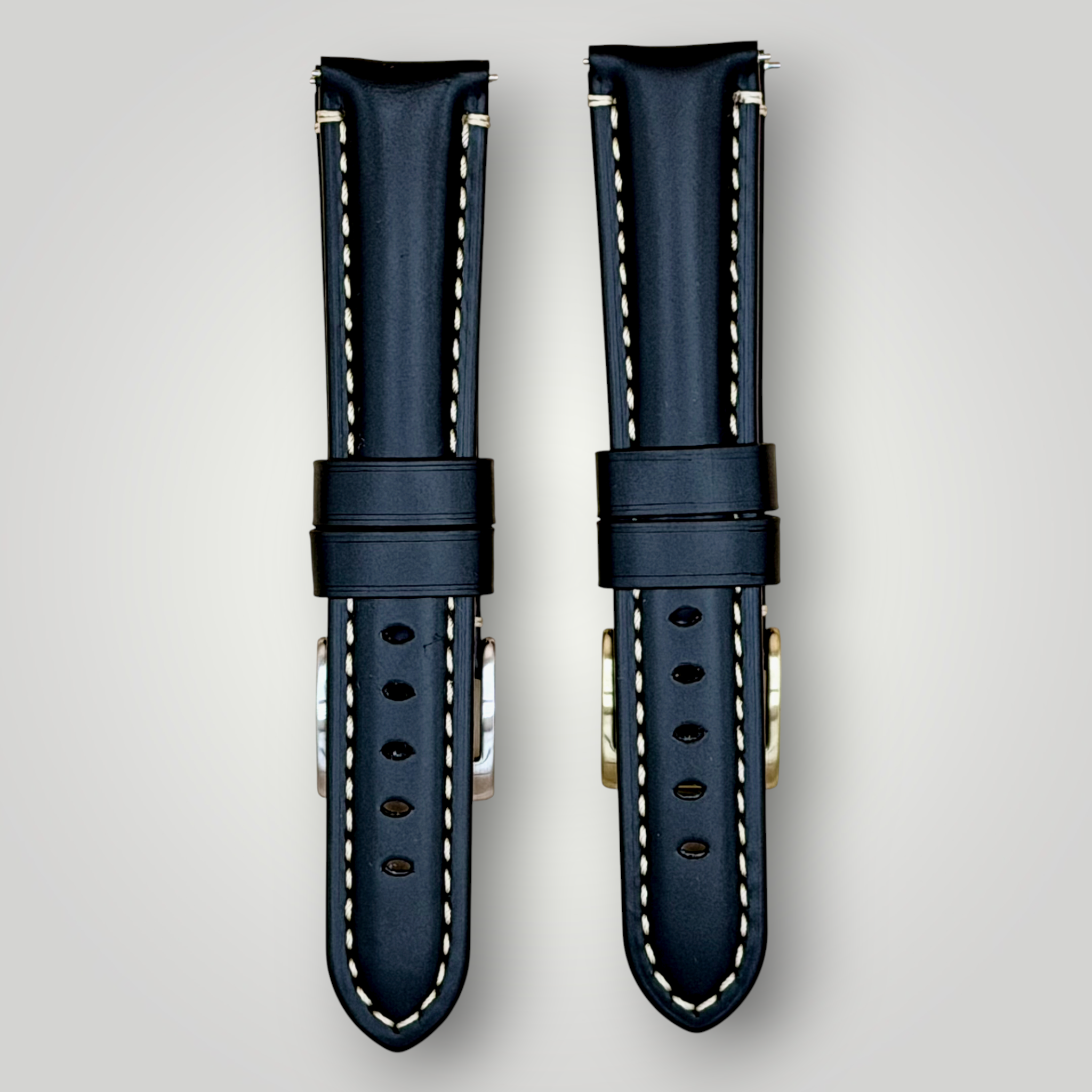 Watchandstrapco | Oslo Jet Black Full Grain Leather Watch Strap - Black with White Stitching