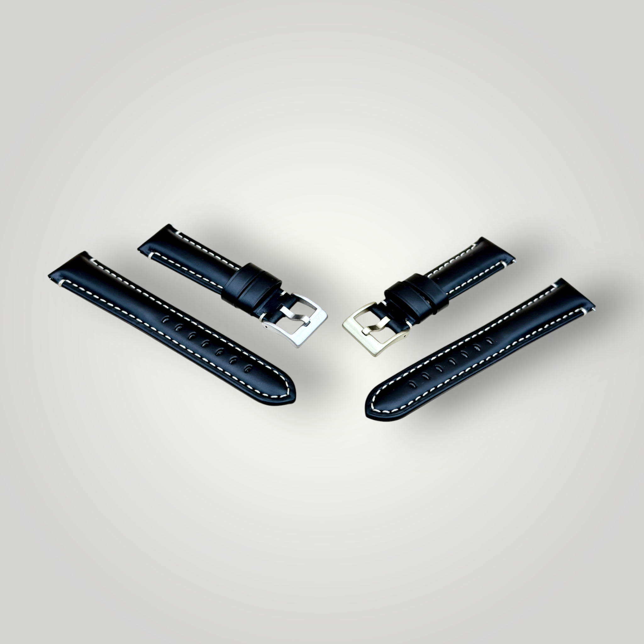 Watchandstrapco | Oslo Jet Black Full Grain Leather Watch Strap - Black with White Stitching