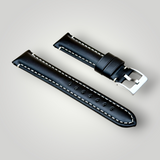 Watchandstrapco | Oslo Jet Black Full Grain Leather Watch Strap - Black with White Stitching