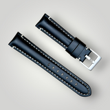 Watchandstrapco | Oslo Jet Black Full Grain Leather Watch Strap - Black with White Stitching