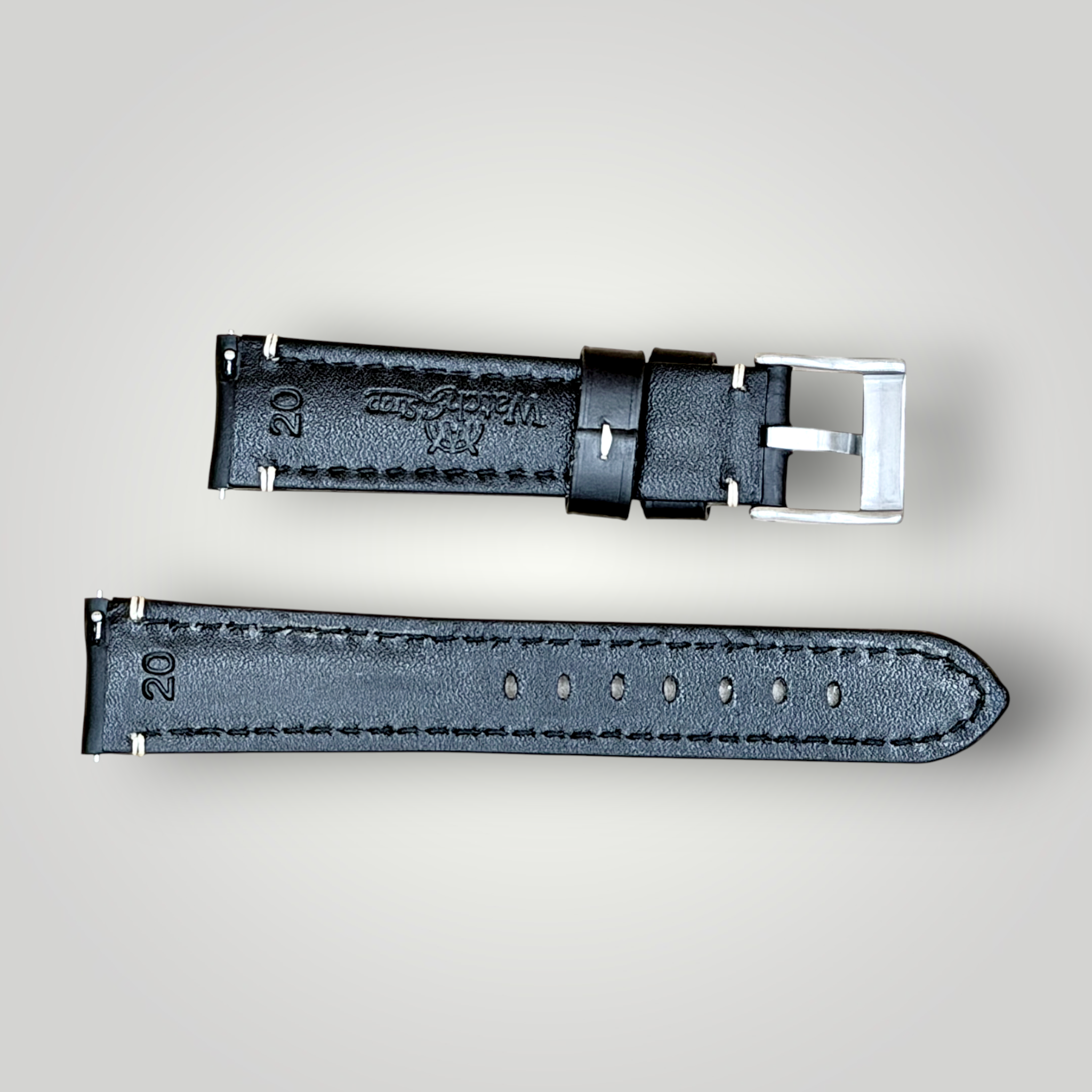 Watchandstrapco | Oslo Jet Black Full Grain Leather Watch Strap - Black with White Stitching
