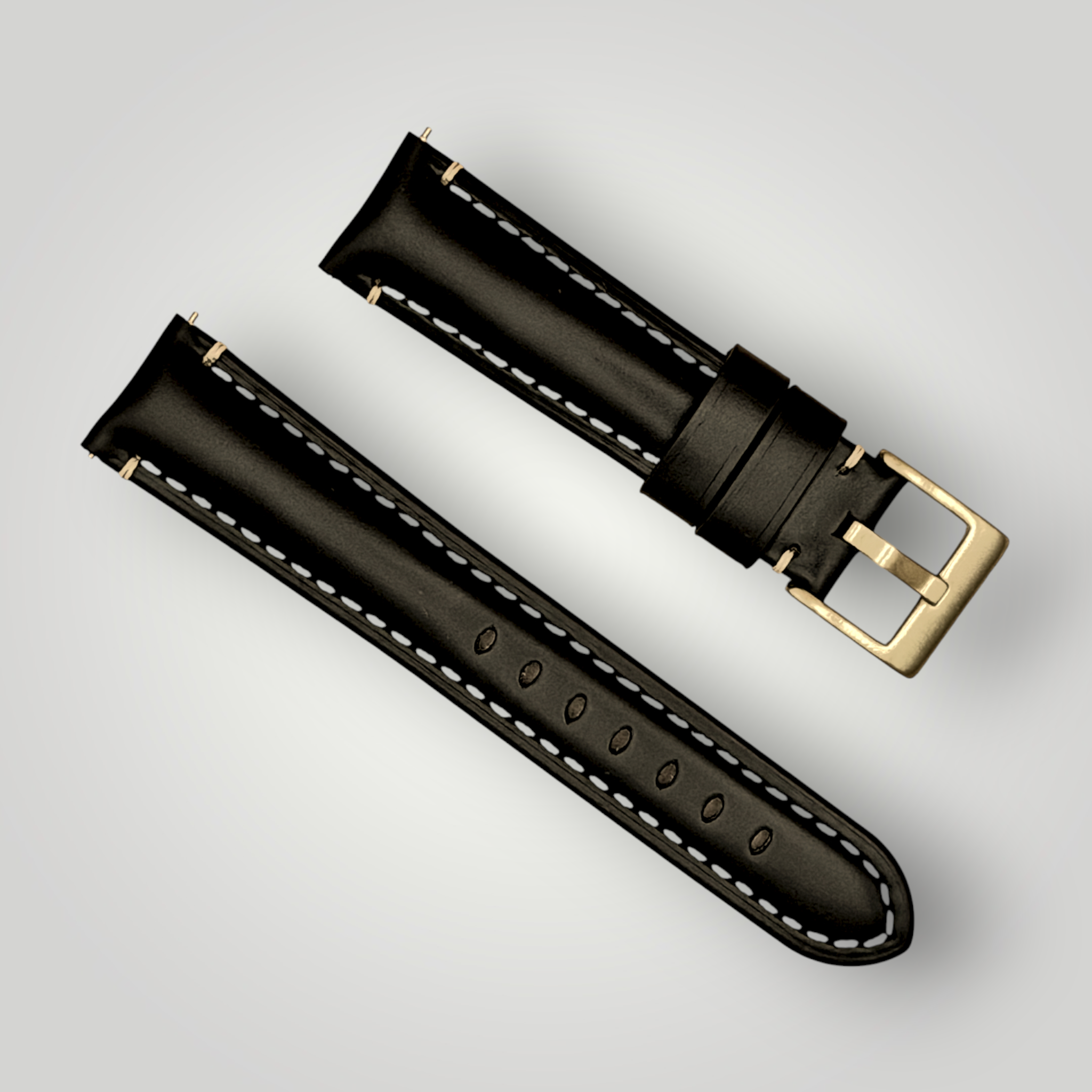 Watchandstrapco | Oslo Jet Black Full Grain Leather Watch Strap - Black with White Stitching