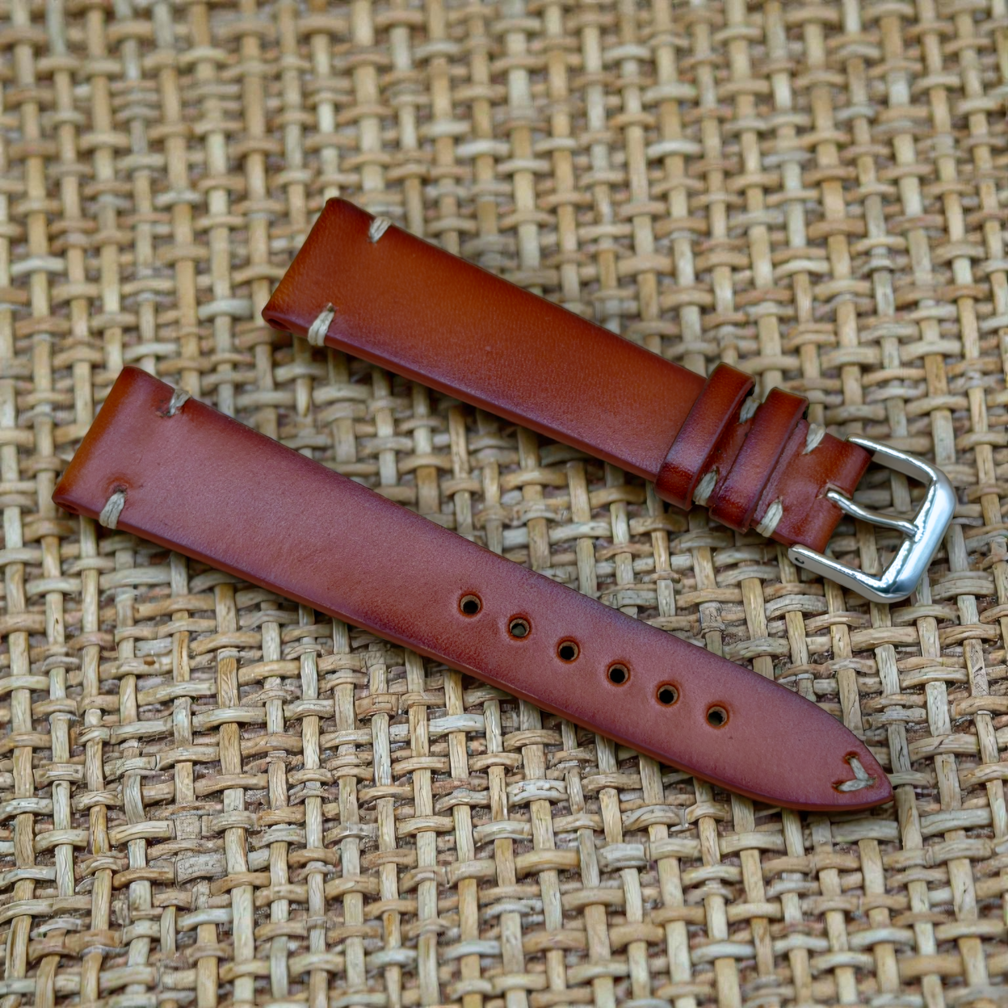 WatchGecko｜Vintage-Stitched Genuine Leather Watch Strap (Burgundy & Cognac)