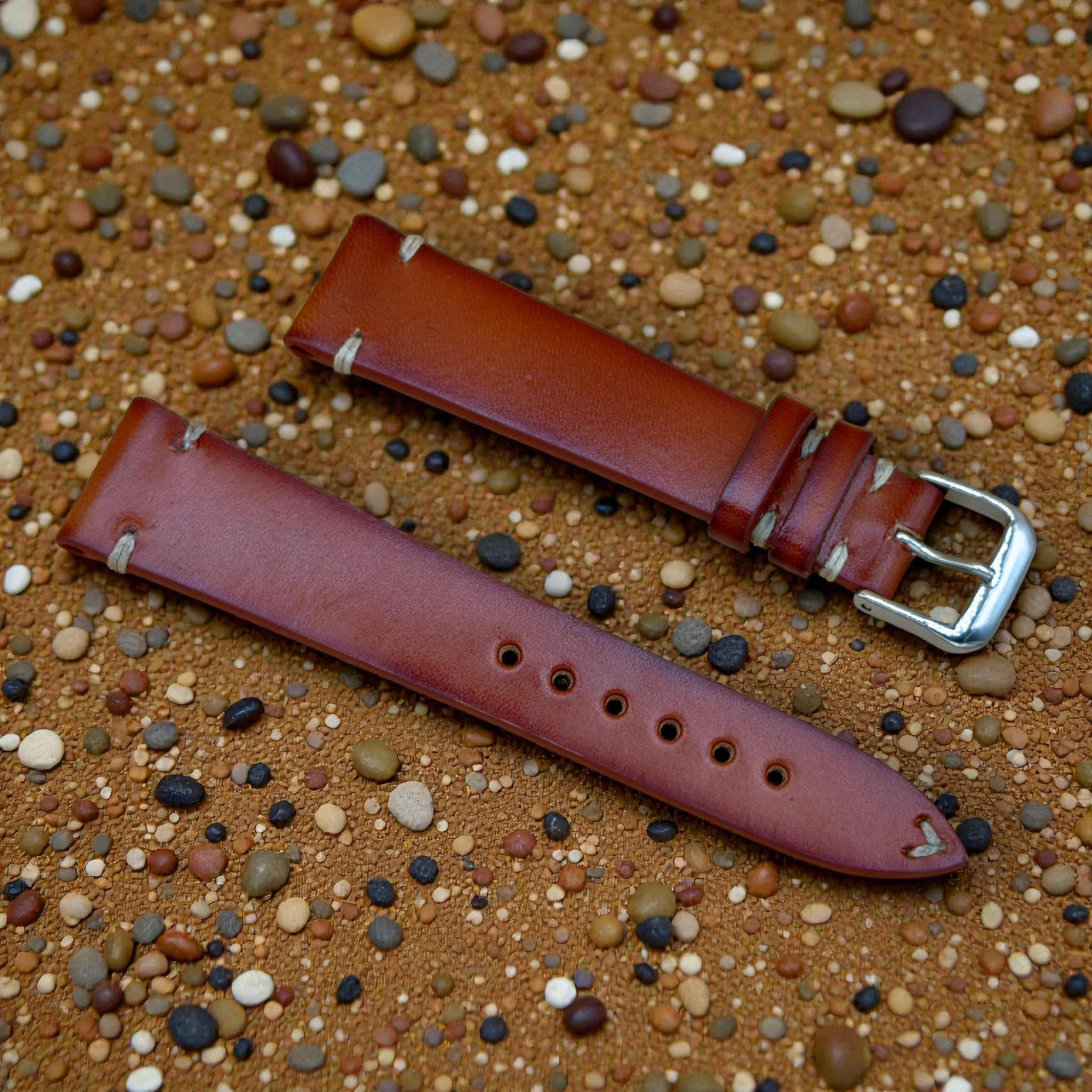 WatchGecko｜Vintage-Stitched Genuine Leather Watch Strap (Burgundy & Cognac)