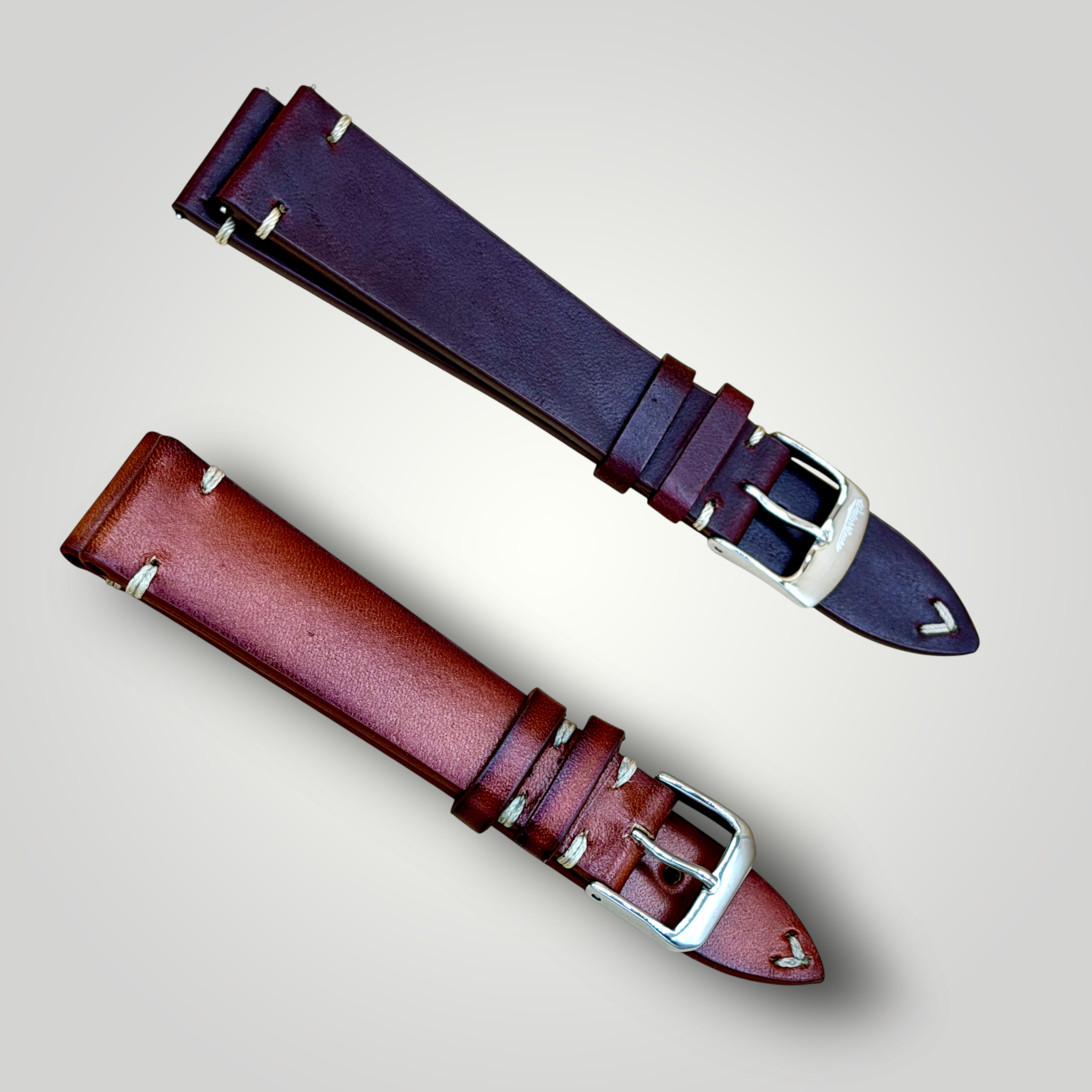 WatchGecko｜Vintage-Stitched Genuine Leather Watch Strap (Burgundy & Cognac)