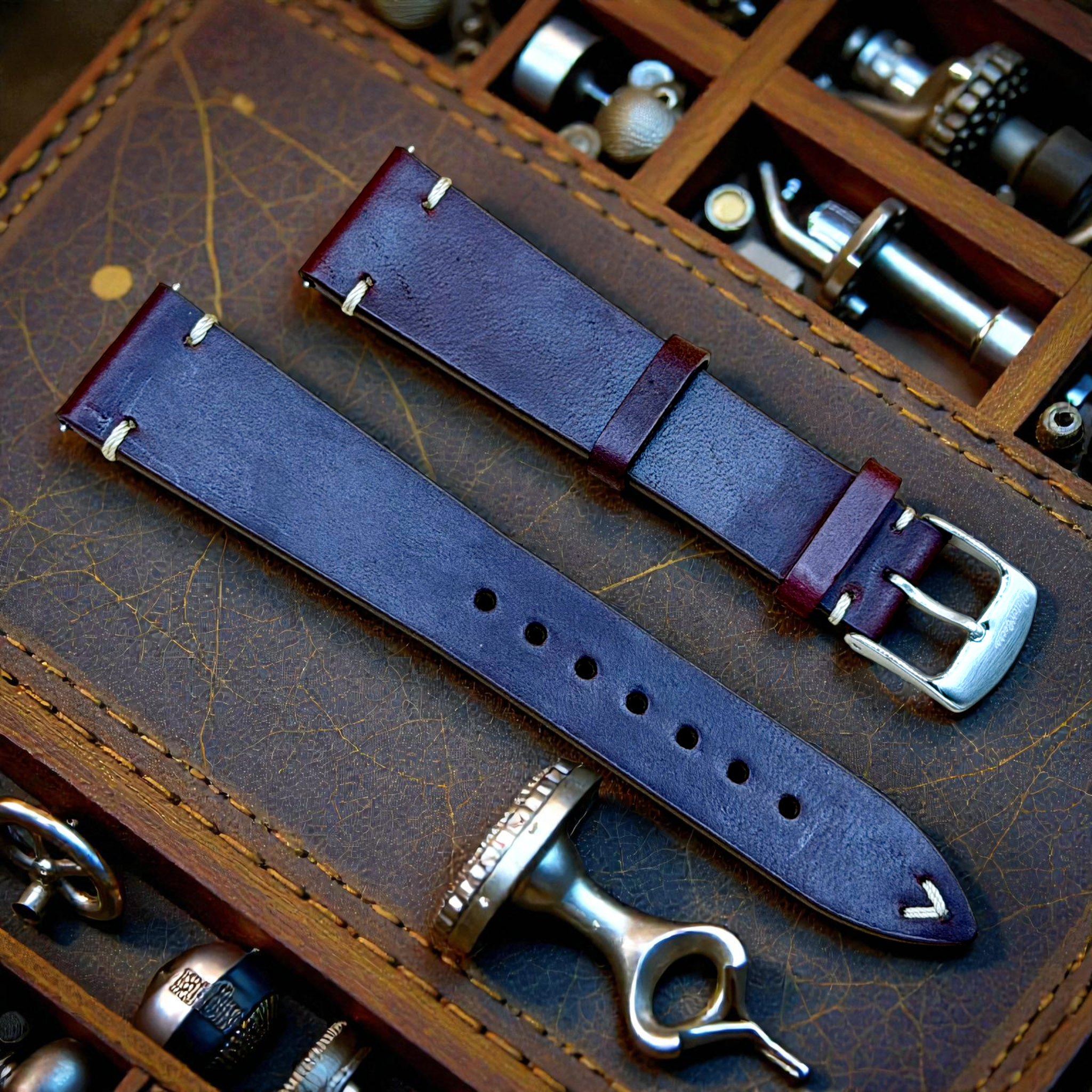 WatchGecko｜Vintage-Stitched Genuine Leather Watch Strap (Burgundy & Cognac)