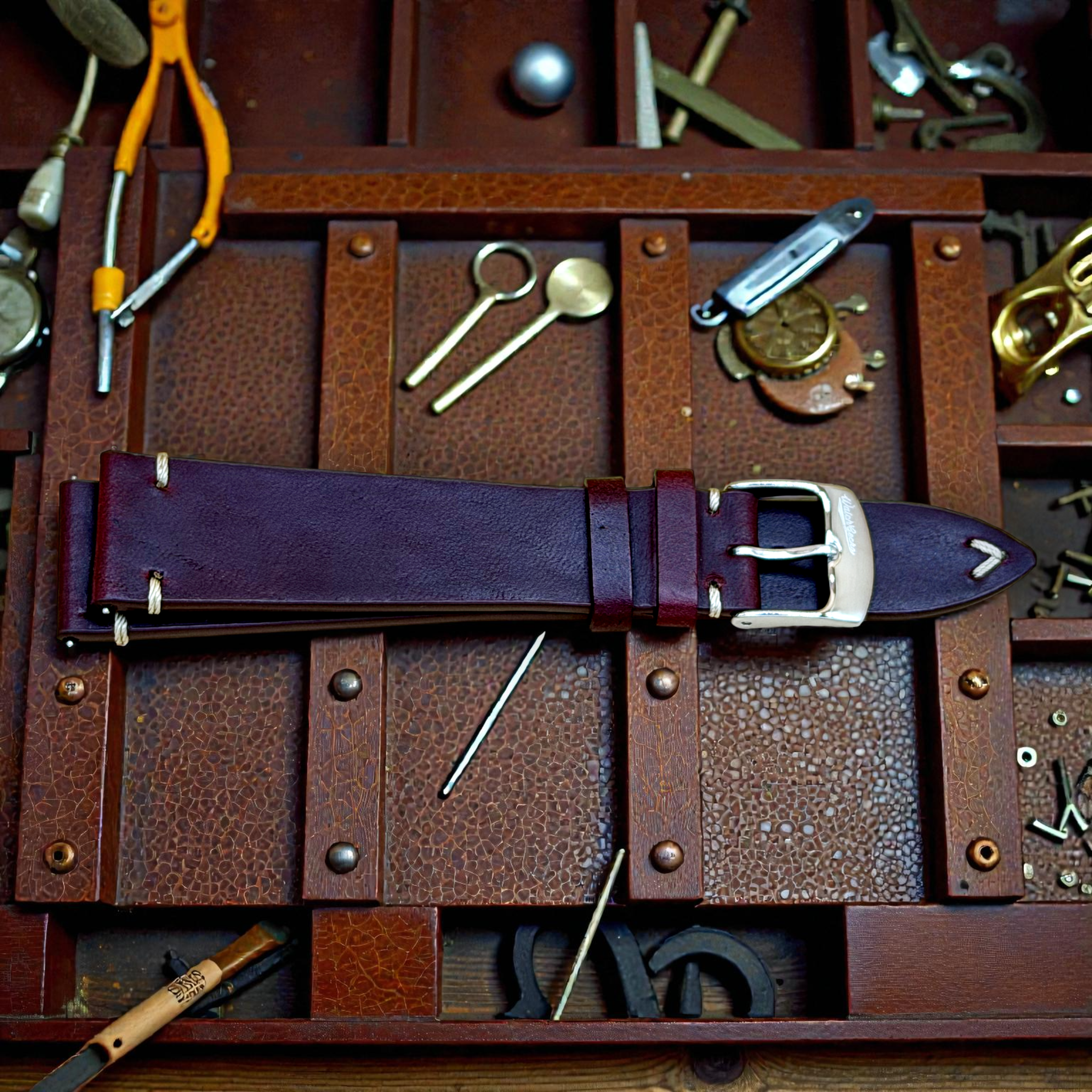 WatchGecko｜Vintage-Stitched Genuine Leather Watch Strap (Burgundy & Cognac)