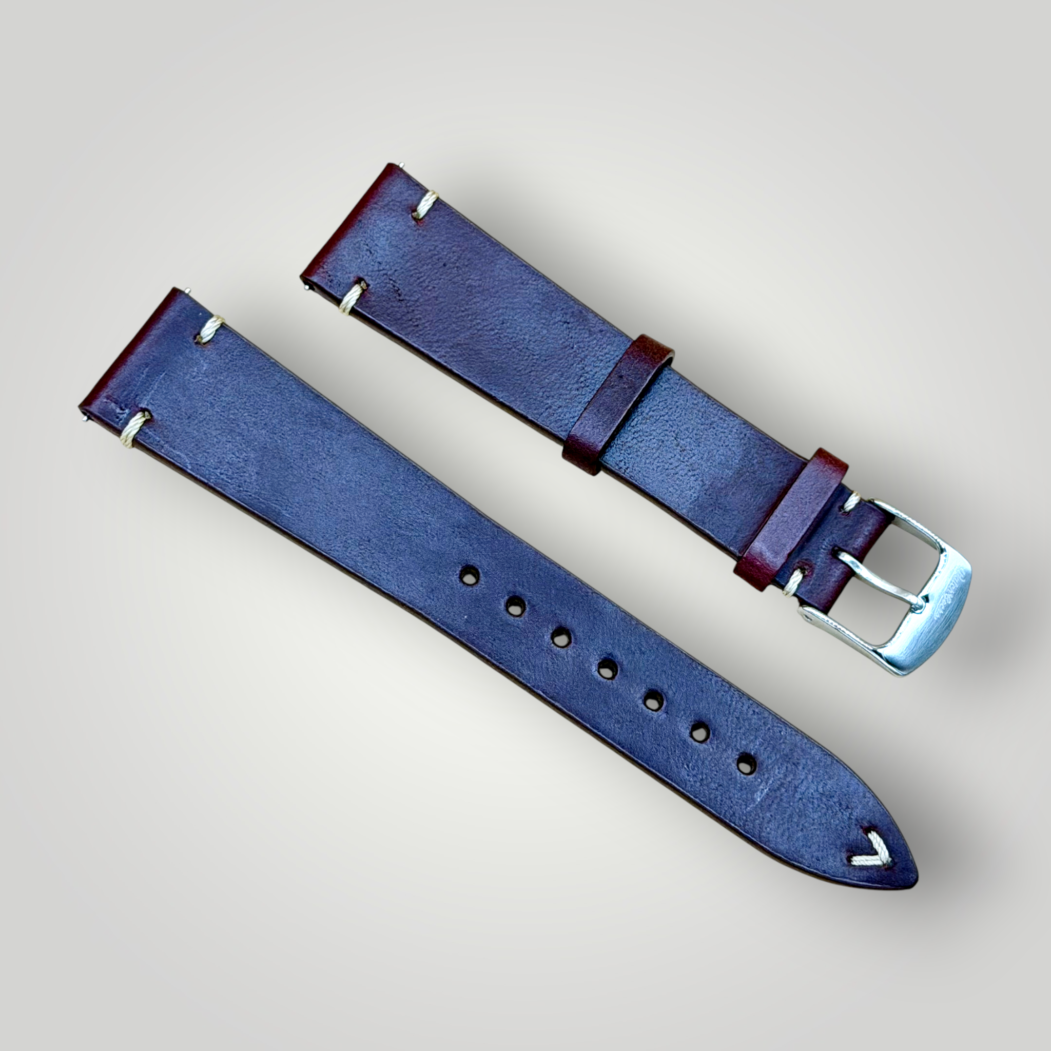 WatchGecko｜Vintage-Stitched Genuine Leather Watch Strap (Burgundy & Cognac)