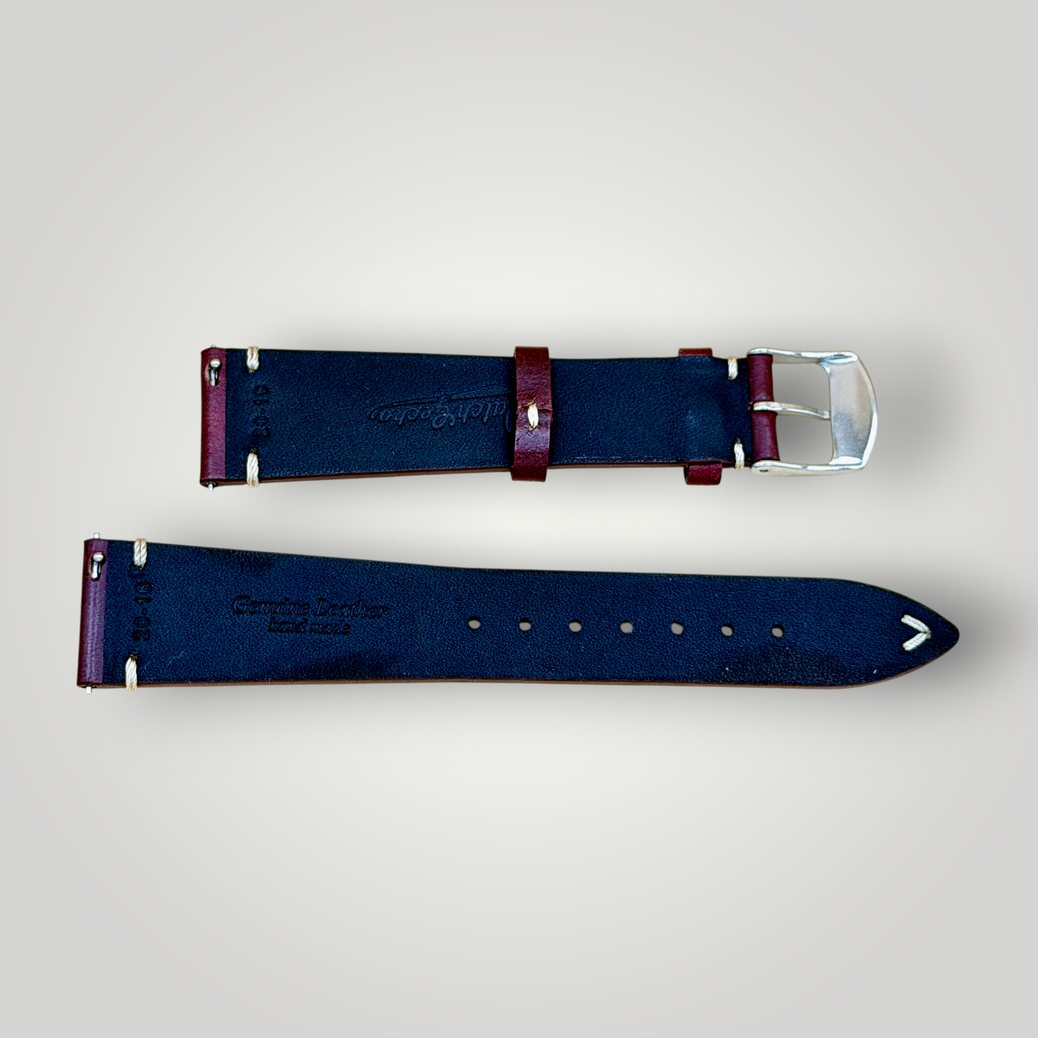 WatchGecko｜Vintage-Stitched Genuine Leather Watch Strap (Burgundy & Cognac)