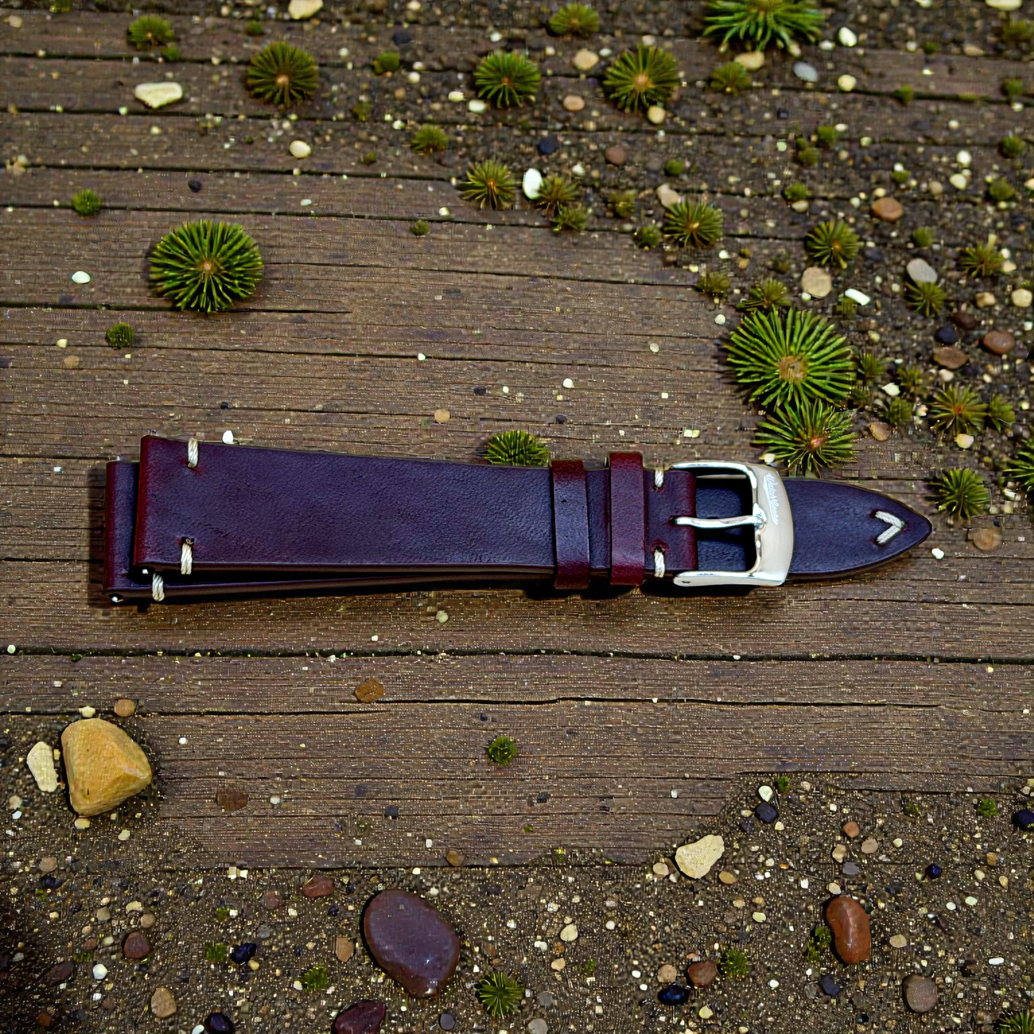 WatchGecko｜Vintage-Stitched Genuine Leather Watch Strap (Burgundy & Cognac)