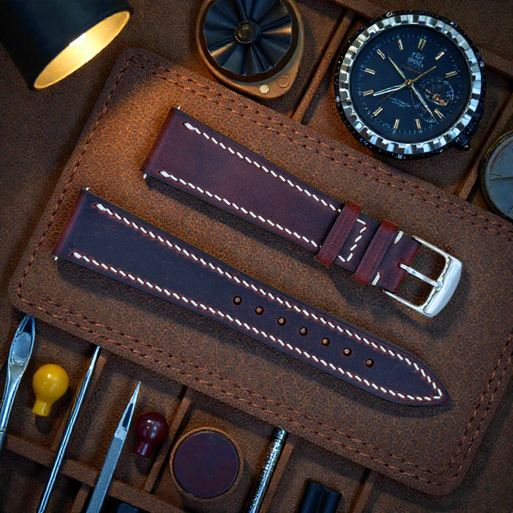 WatchGecko | Hand Stitched Crazy Horse Leather Watch Strap - Peacock Blue / Bordeaux