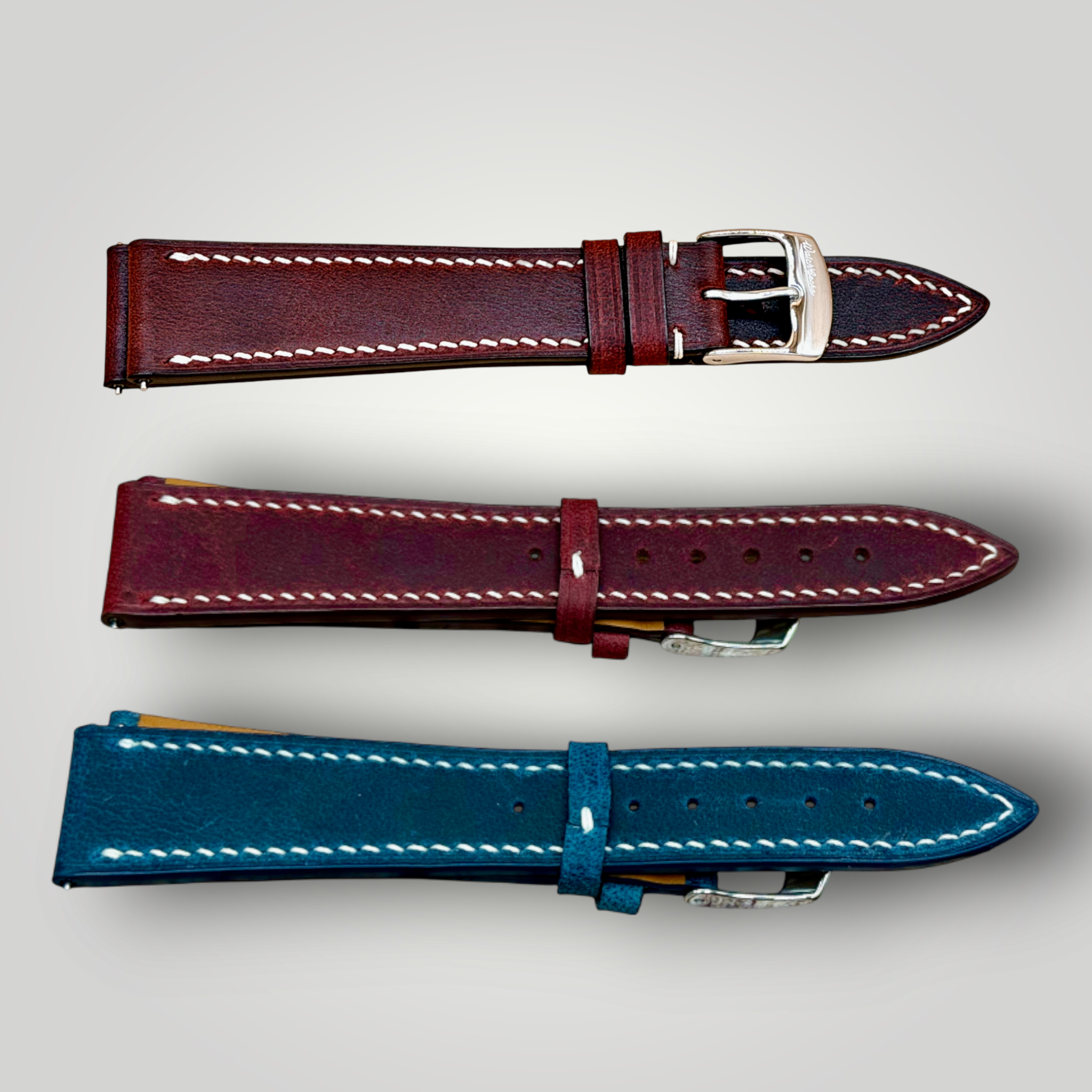 WatchGecko | Hand Stitched Crazy Horse Leather Watch Strap - Peacock Blue / Bordeaux