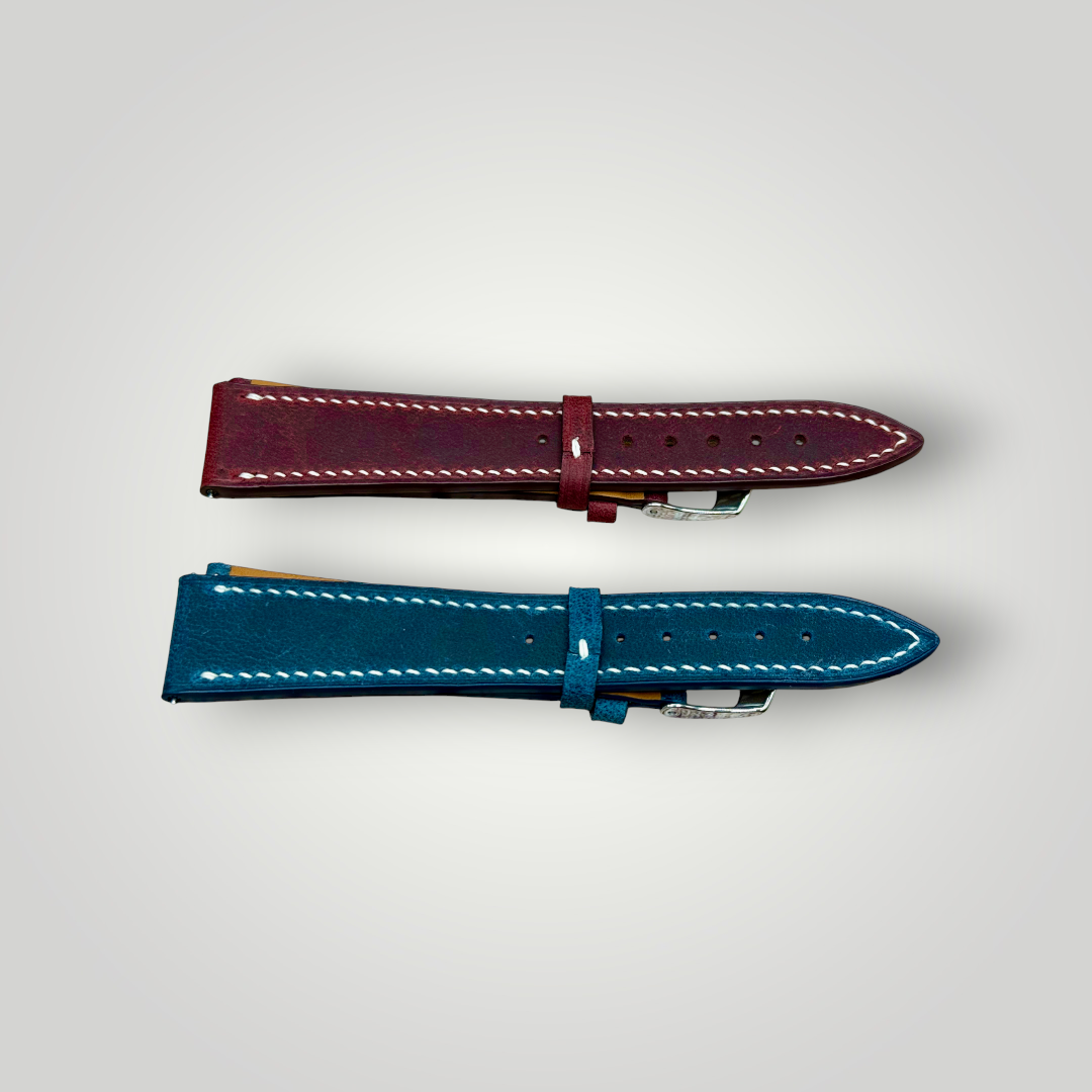 WatchGecko | Hand Stitched Crazy Horse Leather Watch Strap - Peacock Blue / Bordeaux